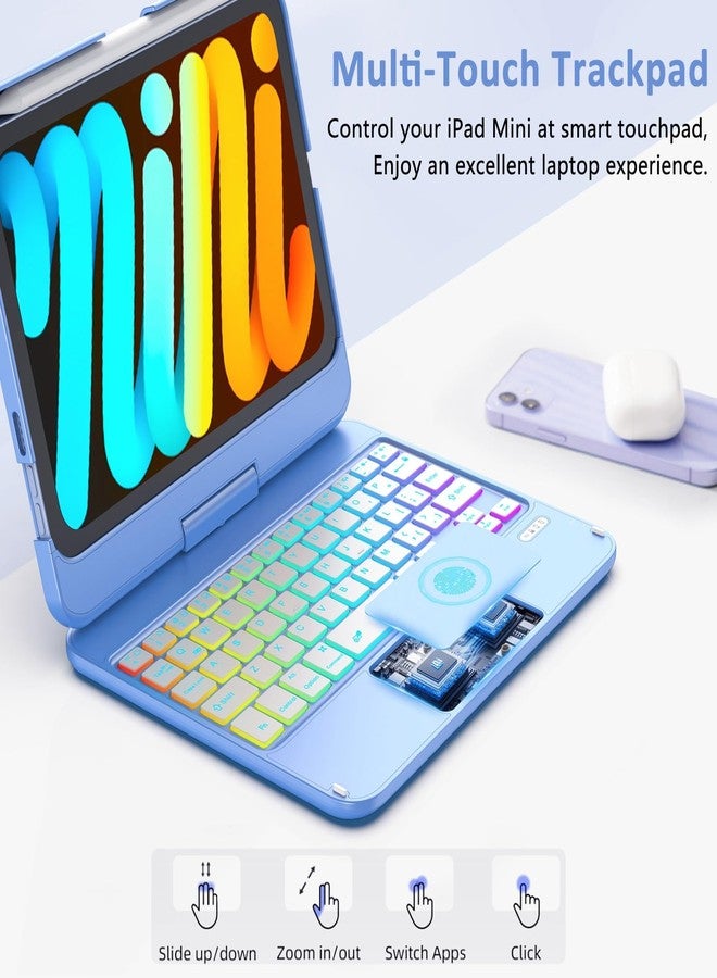 FUWANG Touchpad Keyboard Case for iPad mini 7 A17 Pro 2024 & Mini 6th Generation 2021 8.3 inch - 360° Swivel 7 Color Backlit Keyboard for iPad mini 7th 6th Generation with Pencil Holder, Blue - Image 4